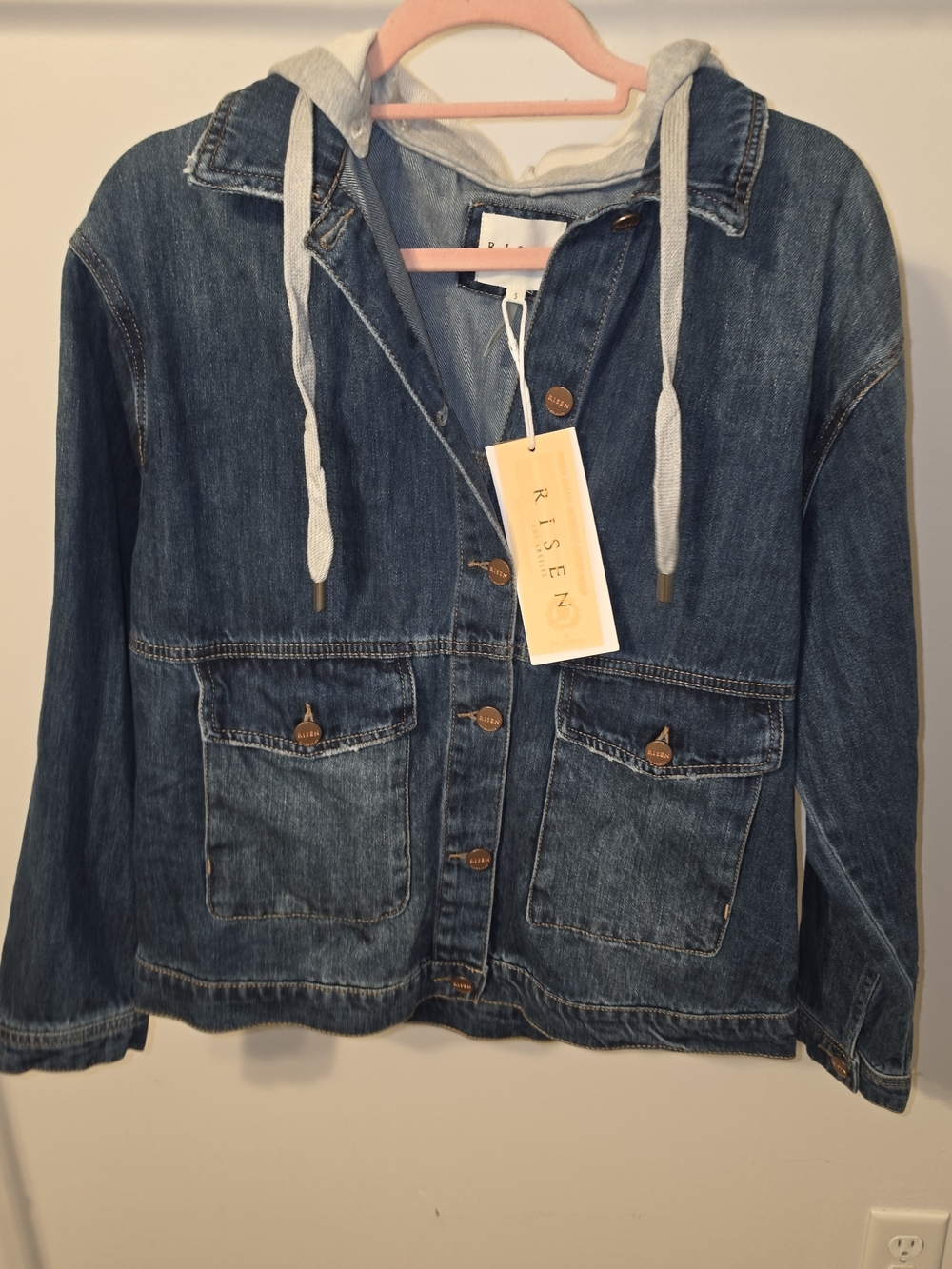 Risen Women's Blue Denim Jacket with Gray Hood